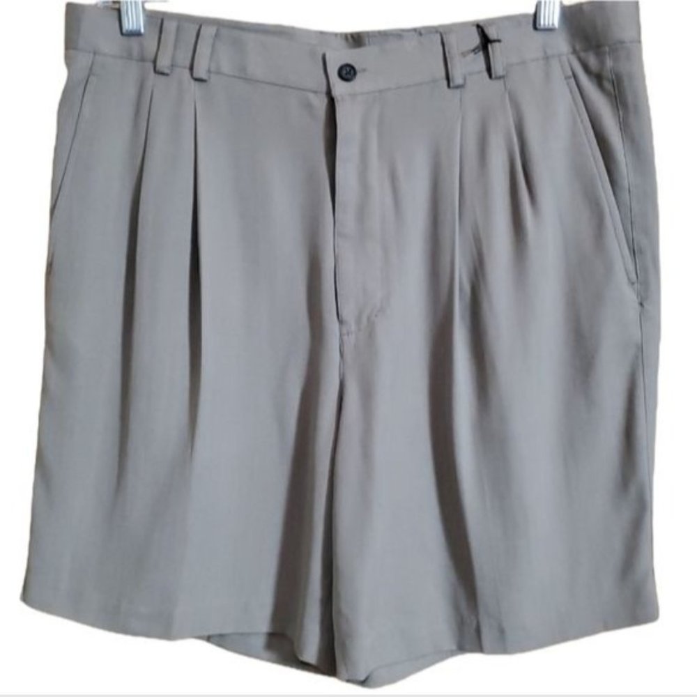 6A 38 SILK KAHKI PLEATED SILK SHORTS